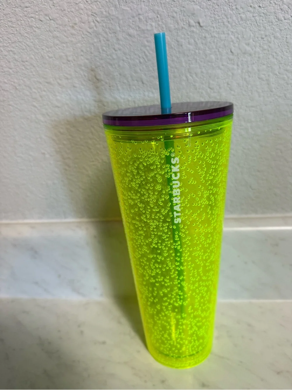 Starbucks Neon Green Bubble Tumbler with Purple Rim and Blue Straw
